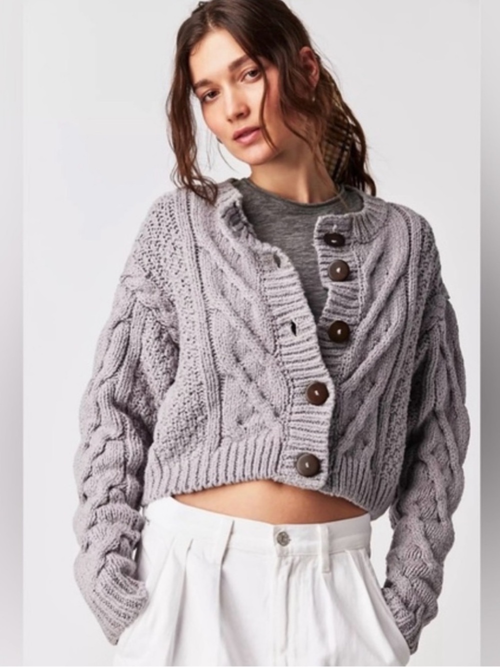 Free People bonfire cable knit cardigan cropped cut with large buttons size smal